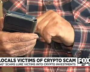 FOX5 news screenshot showing a person holding a phone, with a headline about local victims of cryptocurrency scams.